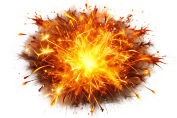 Bright orange and yellow sparks exploding outwards with white smoke and black background isolated on a transparent background