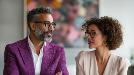 A dynamic exchange between a man and woman, both wearing stylish glasses, highlights collaboration and connection within a modern professional setting, inspiring creativity and teamwork.