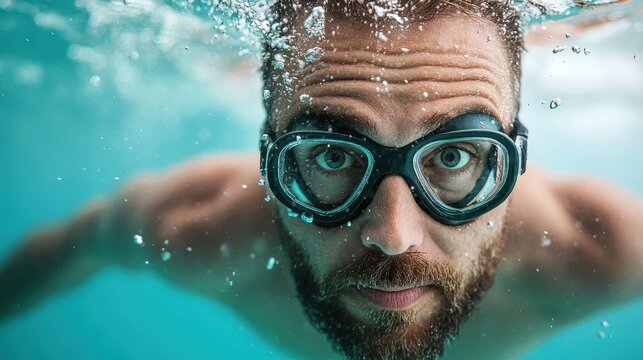 An intense close-up captures a swimmer diving underwater, showcasing determination and focus through facial expressions while surrounded by crystal clear water and air bubbles. - Powered by Adobe