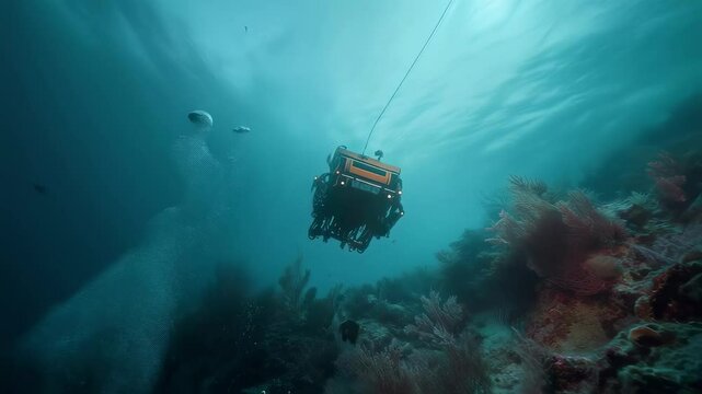 An ROV is seen trailing behind the ship tethered by a thick cable as it plunges into a vibrant underwater scene filled with coral reefs and marine life. Bubble trails escape from the
