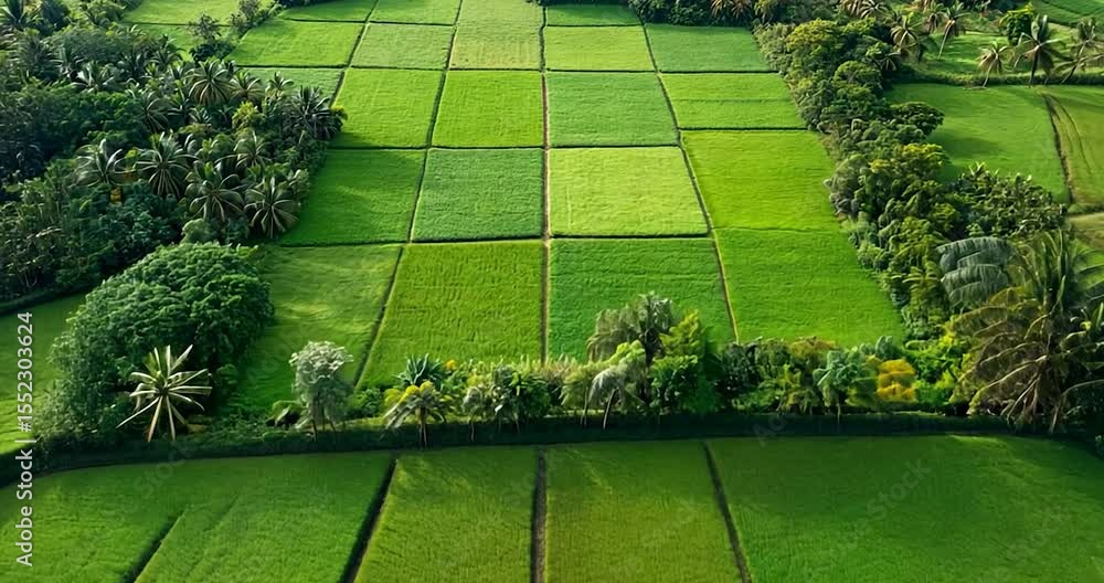 Poster aerial view of lush green agricultural fields in a symmetrical grid pattern surrounded by dense trop