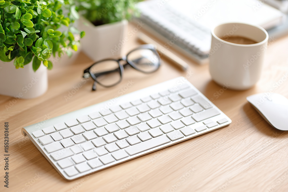 Poster wireless keyboard setup with plants and coffee in a distraction-free workspace