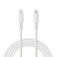 white cable for charging and synchronization with Type – C and Lightning connectors on a white...
