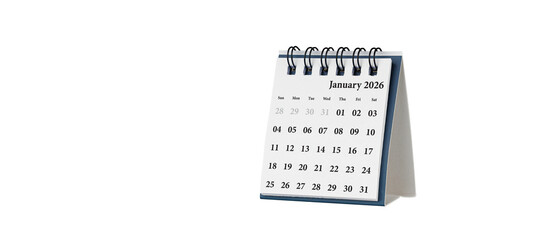 Desktop calendar for january 2026 in white colour. Mini planner for business and finance, spiral...