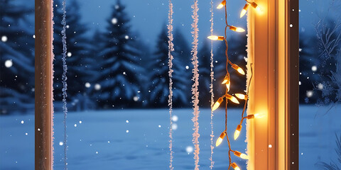 Warm Holiday Lights Framing Snowy Outdoor View

