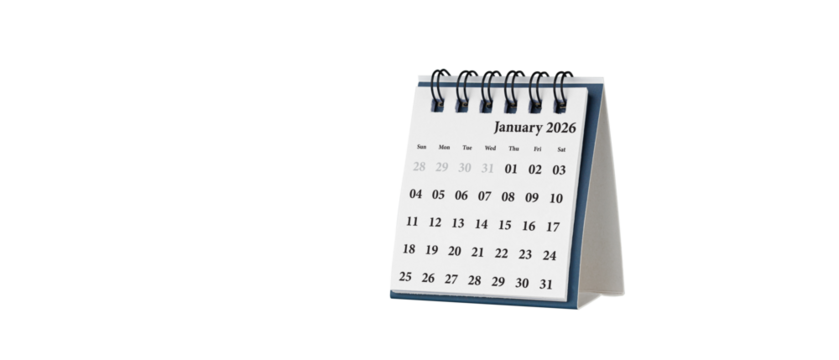 Desktop calendar for january 2026 in white colour. Mini planner for business and finance, spiral view on isolated white background close up.