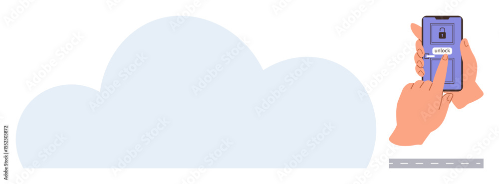 Poster hands unlocking smartphone with a secure screen next to a cloud element and a road. ideal for cloud 