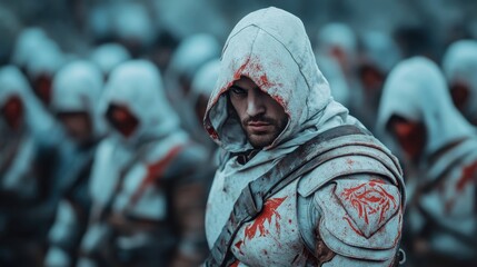 A fierce warrior stands in a battle-ready stance, adorned in a blood-stained hooded attire, amidst a shadowy background of fellow warriors, exuding power and resilience.