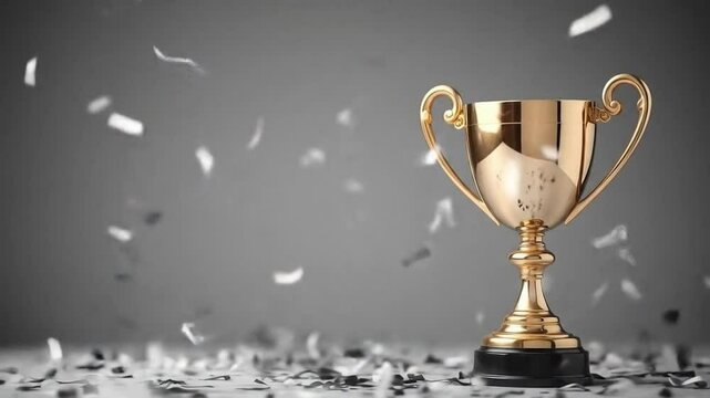 Gold winner trophy with falling confetti ribbons. First place trophy prize, champion award, best success achievement in sports competition. 4k video