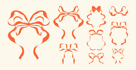Set of bows and ribbons in hand drawn style. Wavy Bowknot. Doodle elegant elements. Coquette. Sketch. Outline. Retro and vintageline art. Whimsical collection. Minimalism. Silhouette knots. Gift. Flat