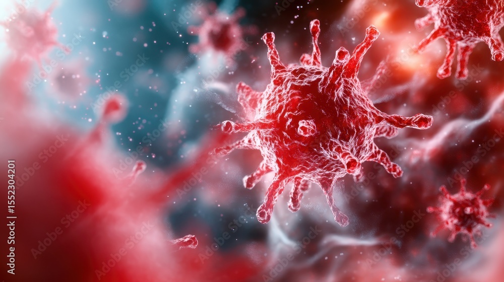 Poster this highly detailed microscopic image showcases vibrant red virus particles, emphasizing the comple
