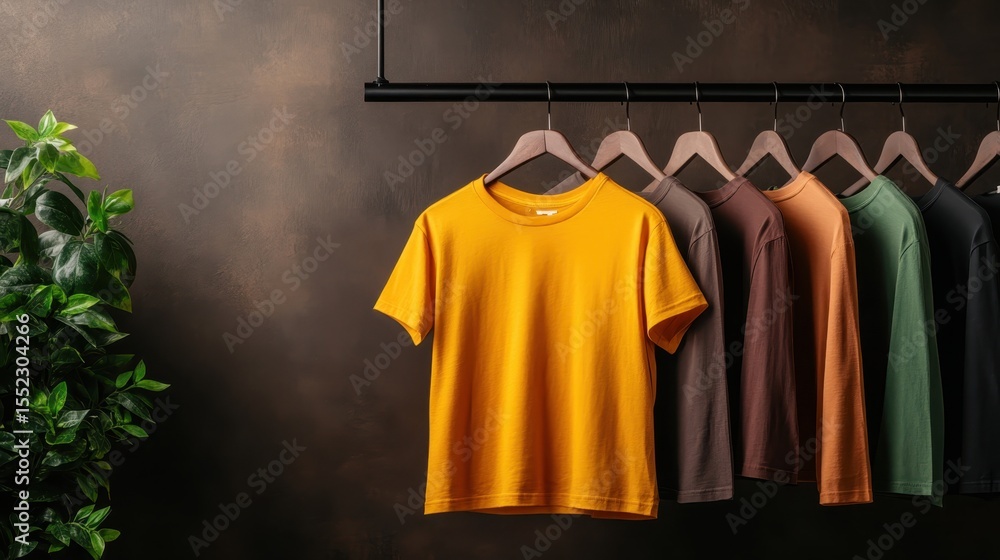 Poster a visually appealing display of colorful t-shirts hanging on a rack, showcasing fashion choices and 