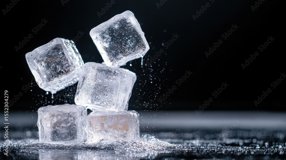 Poster a captivating arrangement of five ice cubes, sparkling with condensation, set against a deep black b