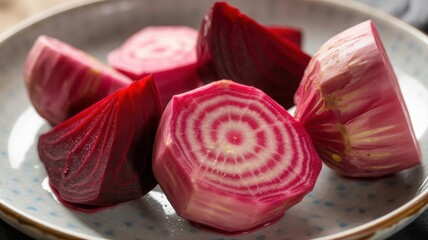 Freshly sliced chioggia beets on a plate showcasing vivid rings