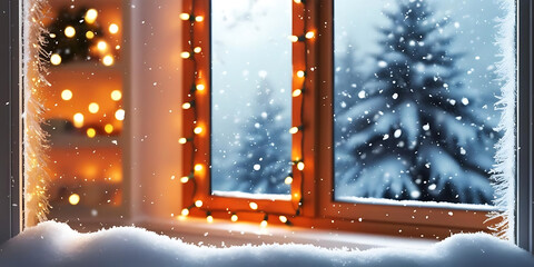 Snow Covered Trees Seen Through Festive Window

