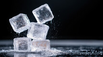 A captivating arrangement of five ice cubes, sparkling with condensation, set against a deep black background, creating a cool and refreshing visual statement of chill.