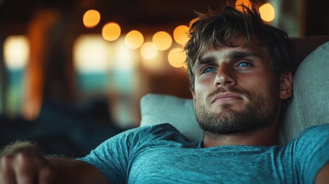 A serene and contemplative young man relaxes on a couch with a thoughtful expression, reflecting emotions and moments of quiet introspection in a cozy and inviting environment.