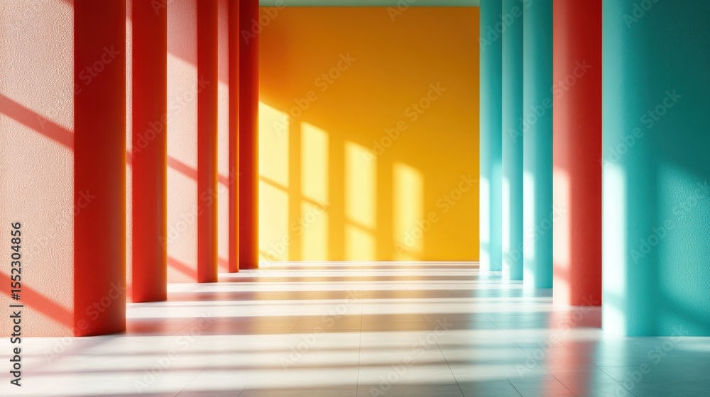 Poster an artistic representation of a modern interior space with colorful walls and shadows, highlighting 