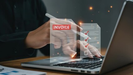 Invoice Processing: Digital Automation, Online Payment & Finance Management with Laptop - Powered by Adobe