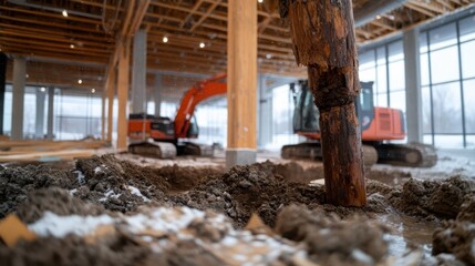 A dynamic construction zone showcases excavators amidst a snowy terrain, signifying progress and development as they dig into the earth with powerful machinery.