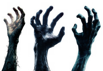 Three reaching zombie hands, isolated on transparent background