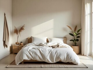 A luxurious and comfortable hotel bedroom interior with a stylish bed, soft pillows, and elegant decor