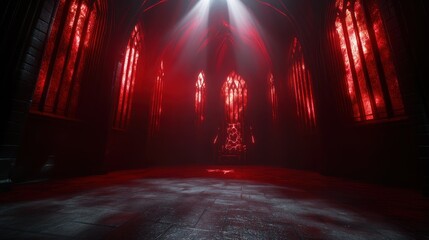 Obraz premium An eerie and haunting scene of an abandoned cathedral illuminated by red light, evoking feelings of mystery, fear, and a sense of the supernatural.