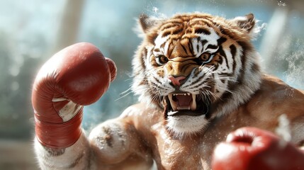 A dynamic representation of a fierce tiger sporting boxing gloves, captured mid-action with an intense expression that embodies strength and determination in combat.
