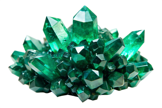 Cluster of sparkling emerald green crystals with sharp facets and geometric shapes isolated on a transparent background