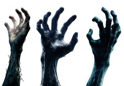 Three reaching zombie hands, isolated on transparent background