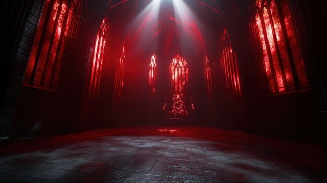 An eerie and haunting scene of an abandoned cathedral illuminated by red light, evoking feelings of mystery, fear, and a sense of the supernatural.