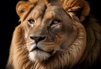 Fototapeta premium Majestic Male Lion Close-Up Portrait for wildlife publications, educational materials, posters, or conservation campaigns.