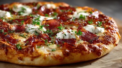 Delicious Homemade Pizza with Bacon, Herbs, and Cream Cheese Close Up View
