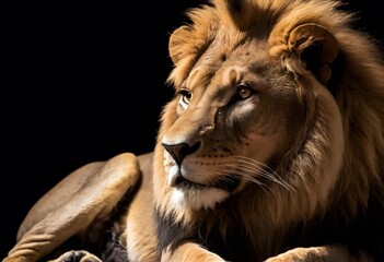 Naklejka premium Majestic Male Lion Close-Up Portrait for wildlife publications, educational materials, posters, or conservation campaigns.