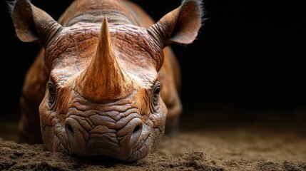 An intimate close-up of a rhinoceros resting in its natural habitat, showcasing its impressive features and highlighting the importance of wildlife conservation and protection.