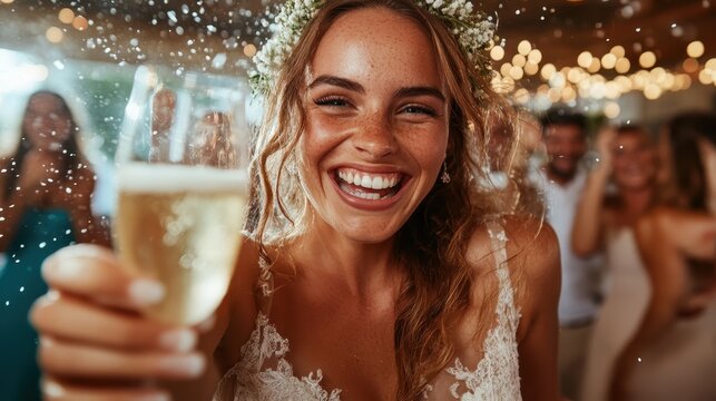 A joyful bride raises a glass of champagne in celebration, surrounded by friends at an intimate wedding party, capturing the essence of love, joy, and shared happiness on a special day.