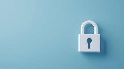 Security Lock on Blue Background: A white padlock stands against a solid blue backdrop, symbolizing safety, protection, and digital privacy. Minimalist, secure.