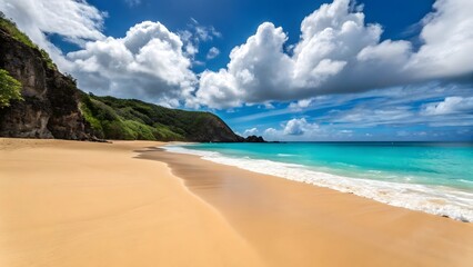 Obraz premium Secluded Tropical Beach with Golden Sand, Turquoise Water, and Dramatic Cliffs Under Blue Sky
