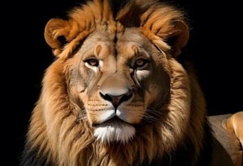 Fototapeta premium Majestic Male Lion Close-Up Portrait for wildlife publications, educational materials, posters, or conservation campaigns.