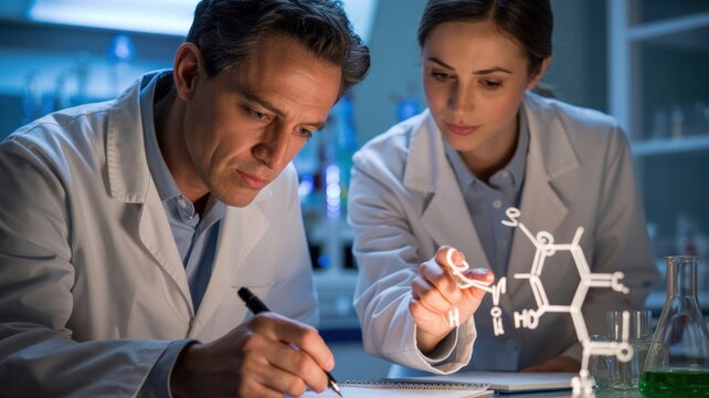 Caucasian male and female scientists analyzing molecular structure in laboratory
