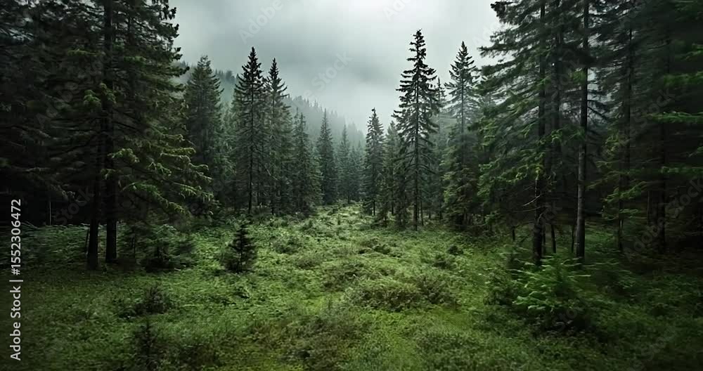 Poster dark green forest landscape with tall trees and overcast skies creating a moody and atmospheric scen