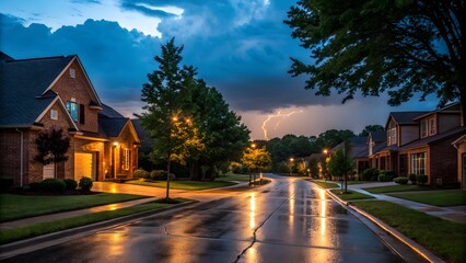 Naklejka premium Tranquil Suburban Street at Dusk After Rain with Distant Lightning