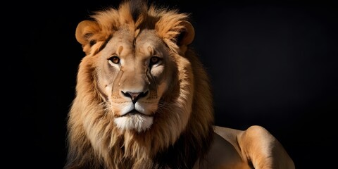 Fototapeta premium Majestic Male Lion Close-Up Portrait for wildlife publications, educational materials, posters, or conservation campaigns.