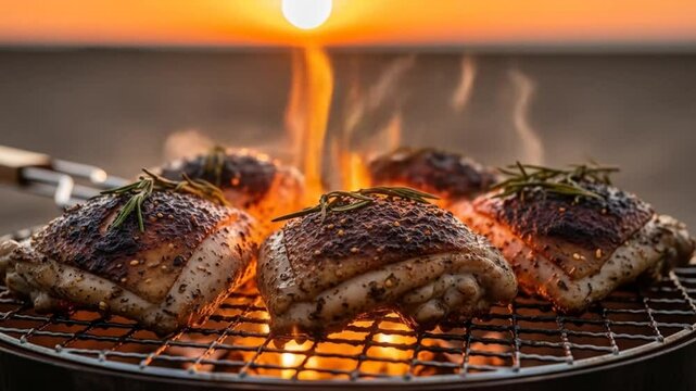 close up sequence of delicious chicken grilling over open flame on barbecue with rosemary