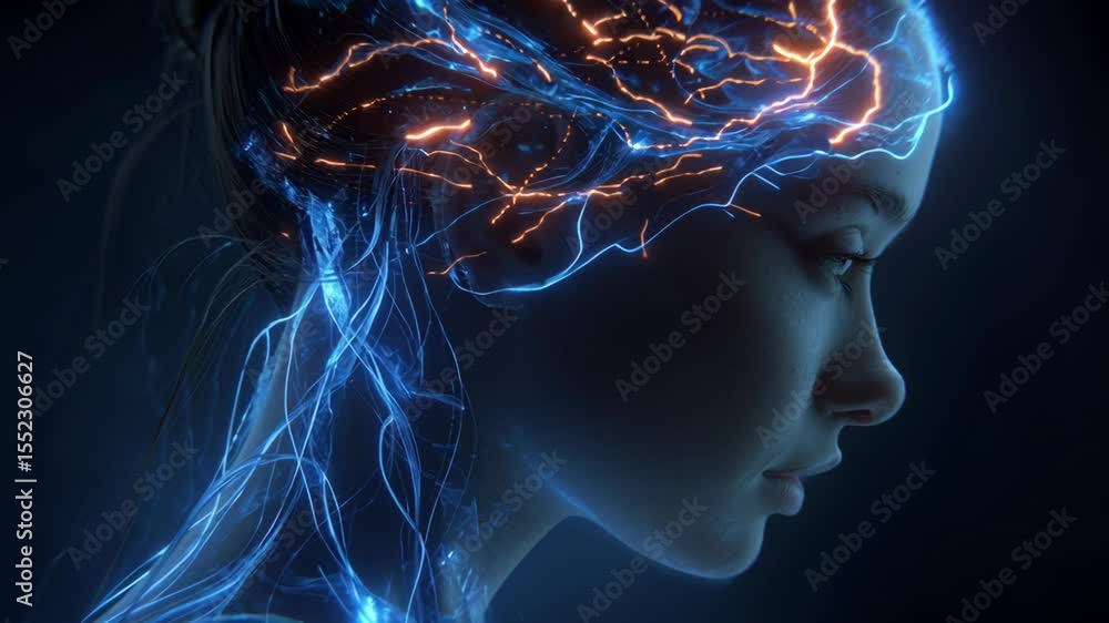 Poster neural network visualization revealing woman's silhouette with glowing orange and blue lines depicti