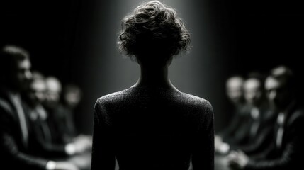Woman in a meeting with indistinct figures in darkness stands facing forwards while being lit from above by a spotlight