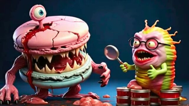 Whimsical animation showcases two monsters interacting playfully, bringing fantasy and humor to life with imaginative character design and dynamic composition in vibrant colors.