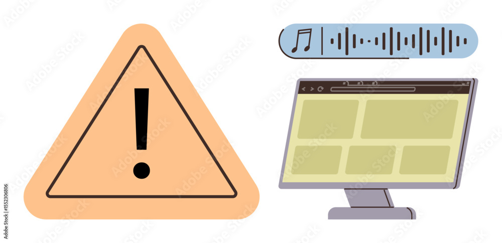 Poster exclamation triangle, audio waveform, and website browser screen representing multimedia warnings. i