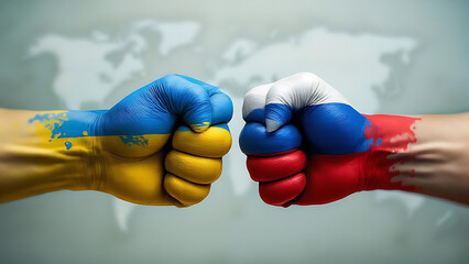 Fist Clash Between Ukraine and Russia Flags