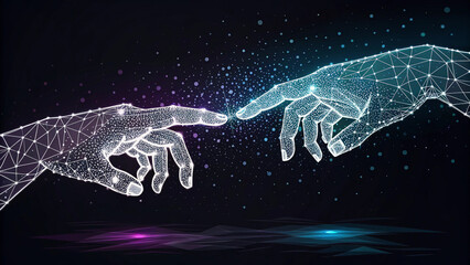 two pixelated futuristic hands reaching toward, illustration